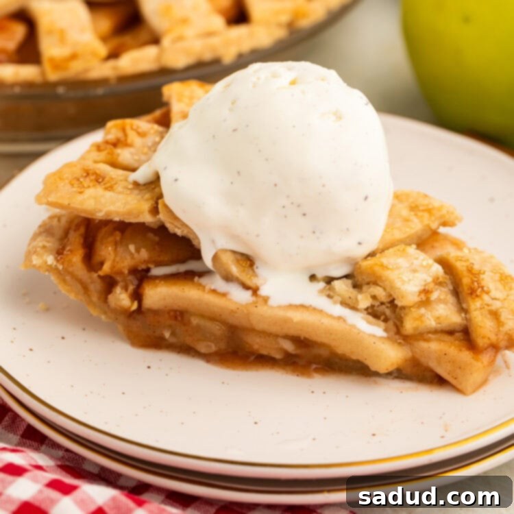A slice of warm, crisp vegan apple pie topped with a scoop of vanilla bean vegan ice cream rests on a plate.