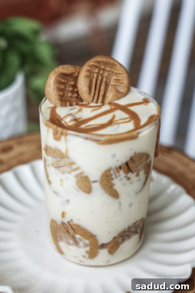 A jar of high-protein Nutter Butter Nice Cream topped with homemade no-bake peanut butter cookies, ready to be enjoyed as a healthy dessert or snack.