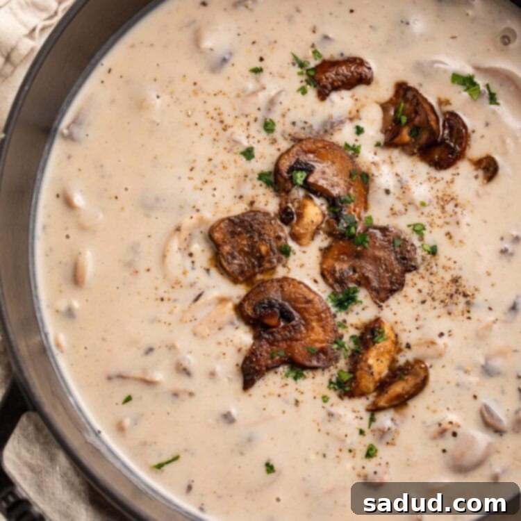 Velvety Gluten-Free Mushroom Soup 4 A large pot of creamy gluten free cream of mushroom soup with sautéed mushrooms garnishing the top.