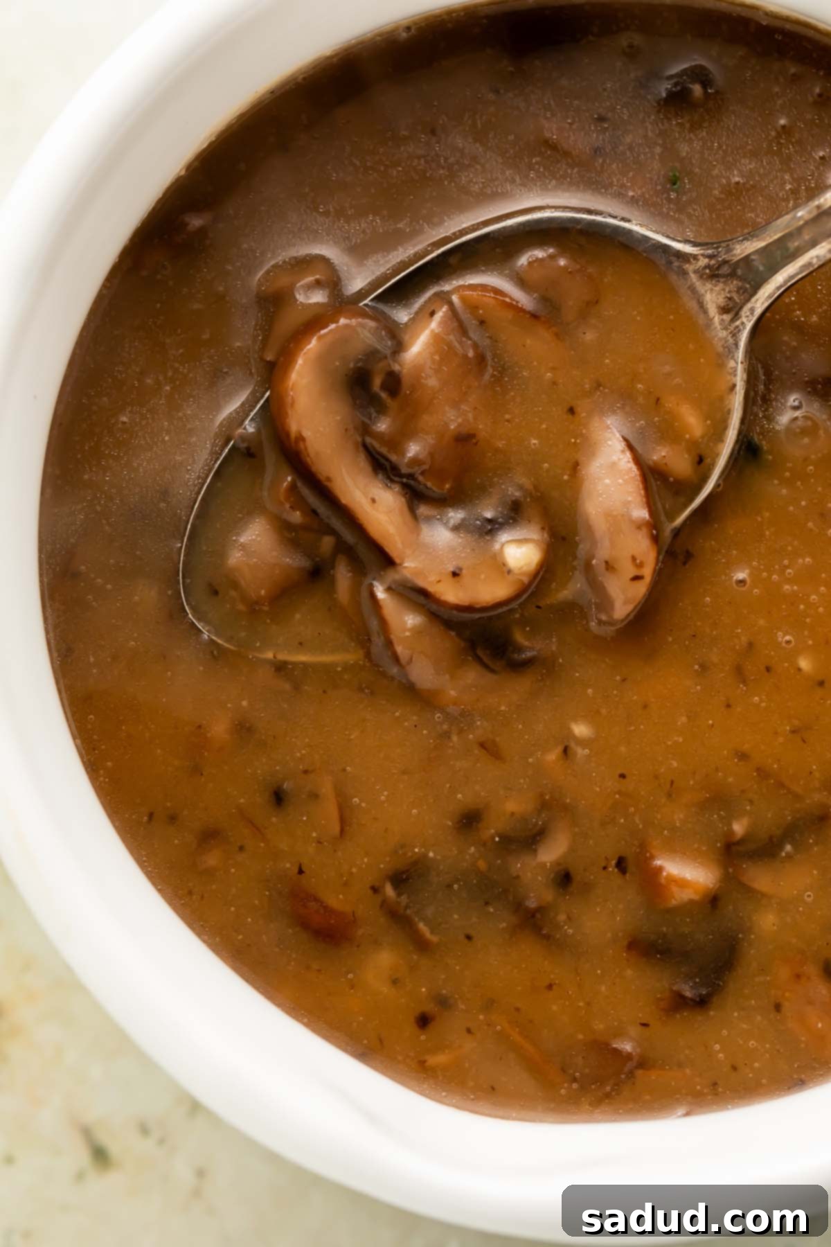 Irresistible Vegan Mushroom Gravy 2 A spoonful of tender mushrooms being lifted out of a white bowl of homemade vegan mushroom gravy, highlighting its rich texture.