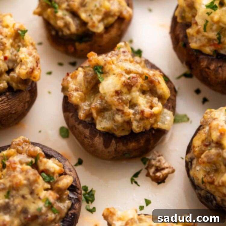 Close-up on a sausage stuffed mushroom on a platter with other stuffed mushrooms.