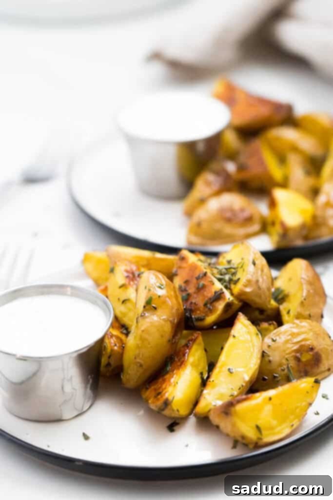 Crispy Rosemary Roasted Potatoes 2 close up image of rosemary roasted potatoes on white plate with sauce.