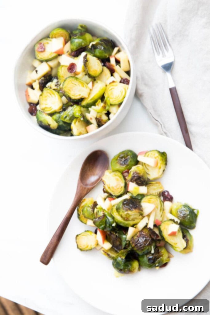 Delicious Whole30 Paleo Brussels Sprouts Salad 3 Overhead shot of a Brussels Sprouts Salad with apples and cranberries on a white plate, garnished with fresh herbs, ready to be served.