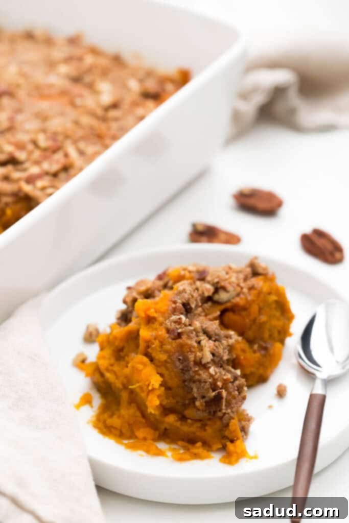 Marshmallow Sweet Potato Delight 2 close up image of sweet potato casserole on white plate.