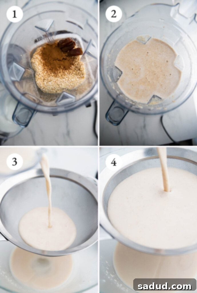 step by step photos for how to make oat milk with a blender and sieve, showing soaked oats, blending, and straining