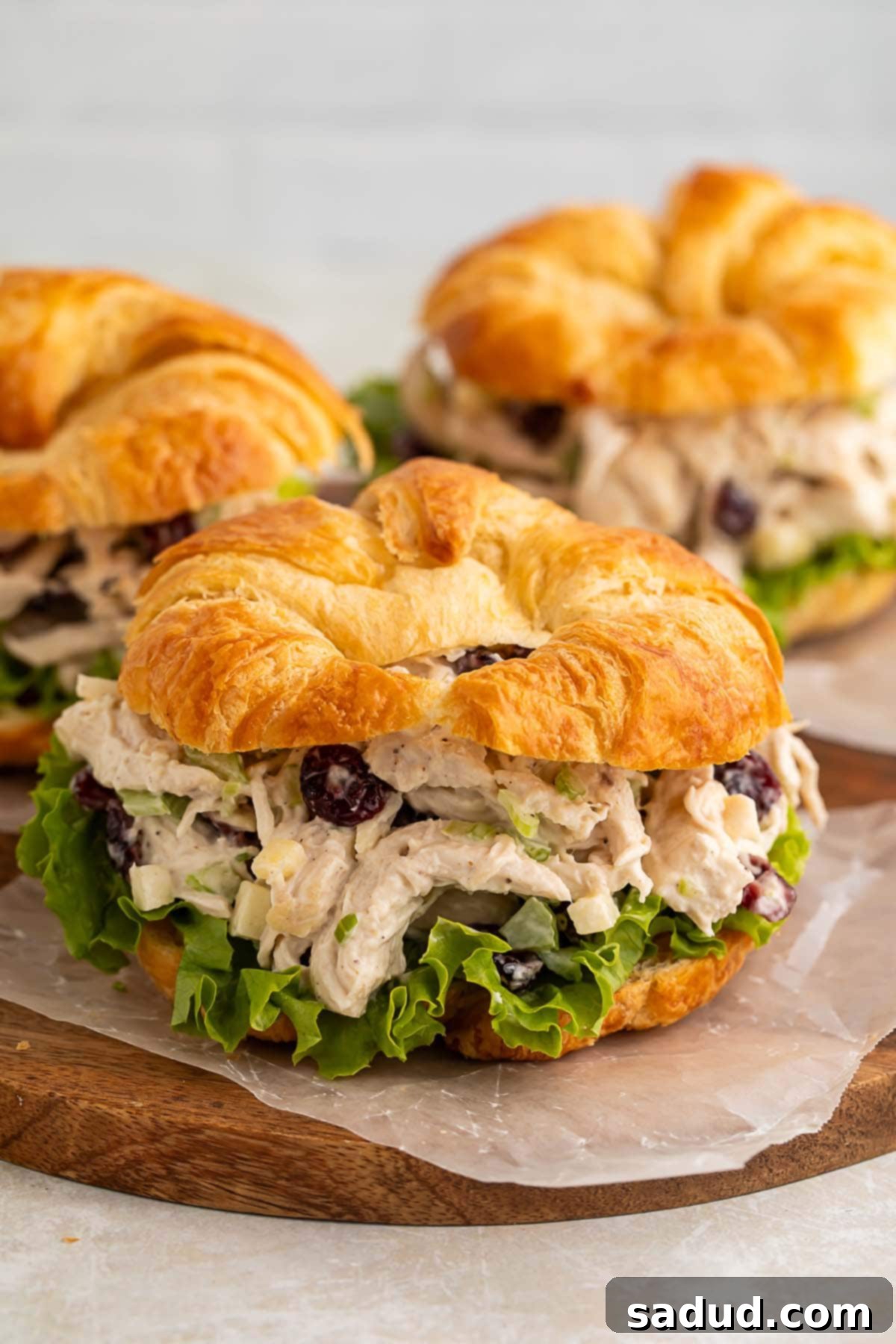 Delicious cranberry chicken salad sandwiches served on buttery croissants with crisp green leaf lettuce, arranged on a rustic wooden board.