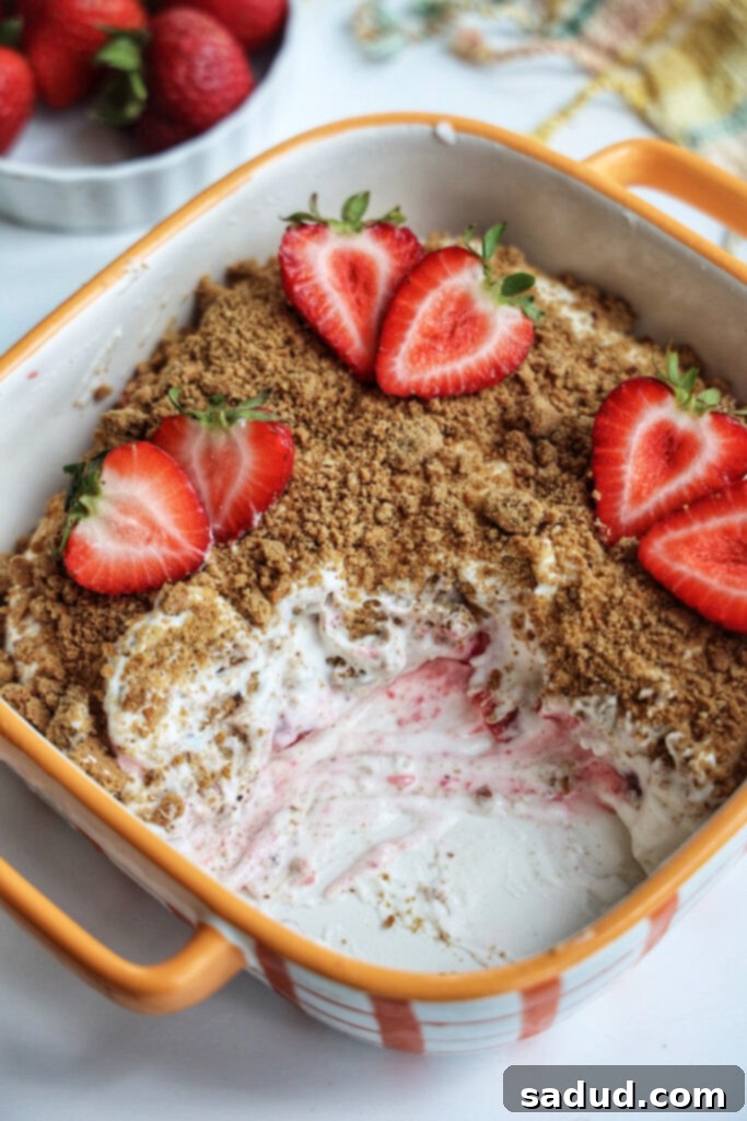 Healthy, vegan, paleo strawberry icebox cake with fresh strawberries and creamy layers, ready to be served.
