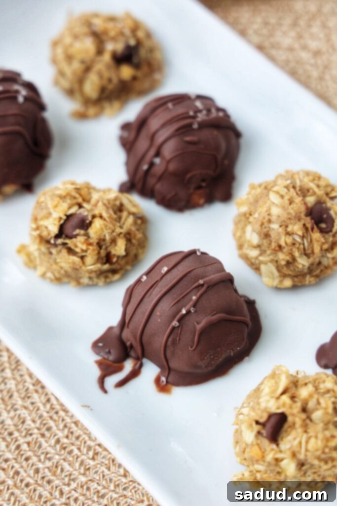Delicious no-bake peanut butter oatmeal balls coated in rich chocolate, arranged artfully on a white plate, perfect for a healthy snack.