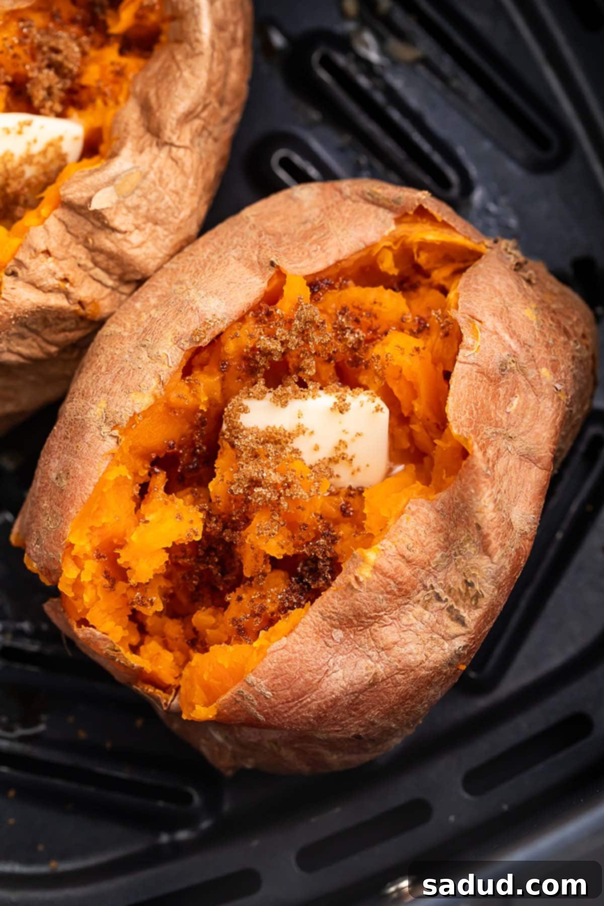 A cooked sweet potato resting in an air fryer basket. The top of the potato is split open, with the insides fluffed and topped with a pat of butter.