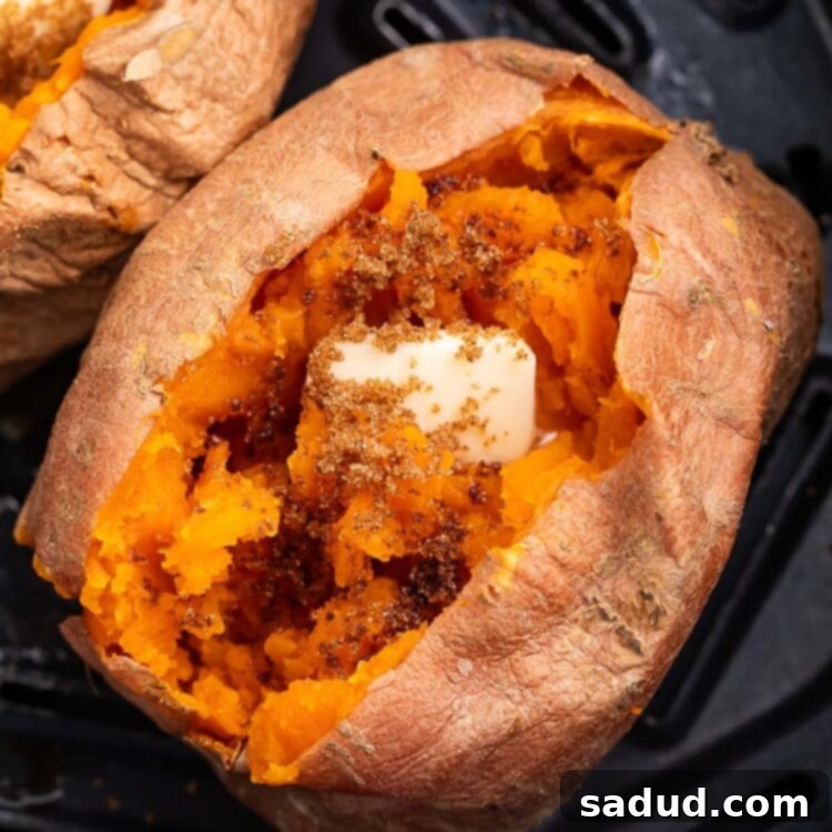 A cooked sweet potato resting in an air fryer basket. The top of the potato is split open, with the insides fluffed and topped with a pat of butter.