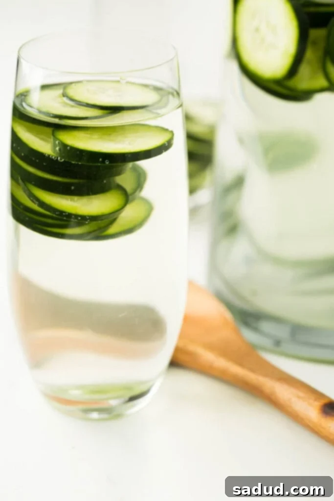 Beat the Heat: Homemade Cucumber Water 2 Closeup image of a glass pitcher filled with fresh cucumber-infused water, garnished with mint leaves and lemon slices, ready to be served.