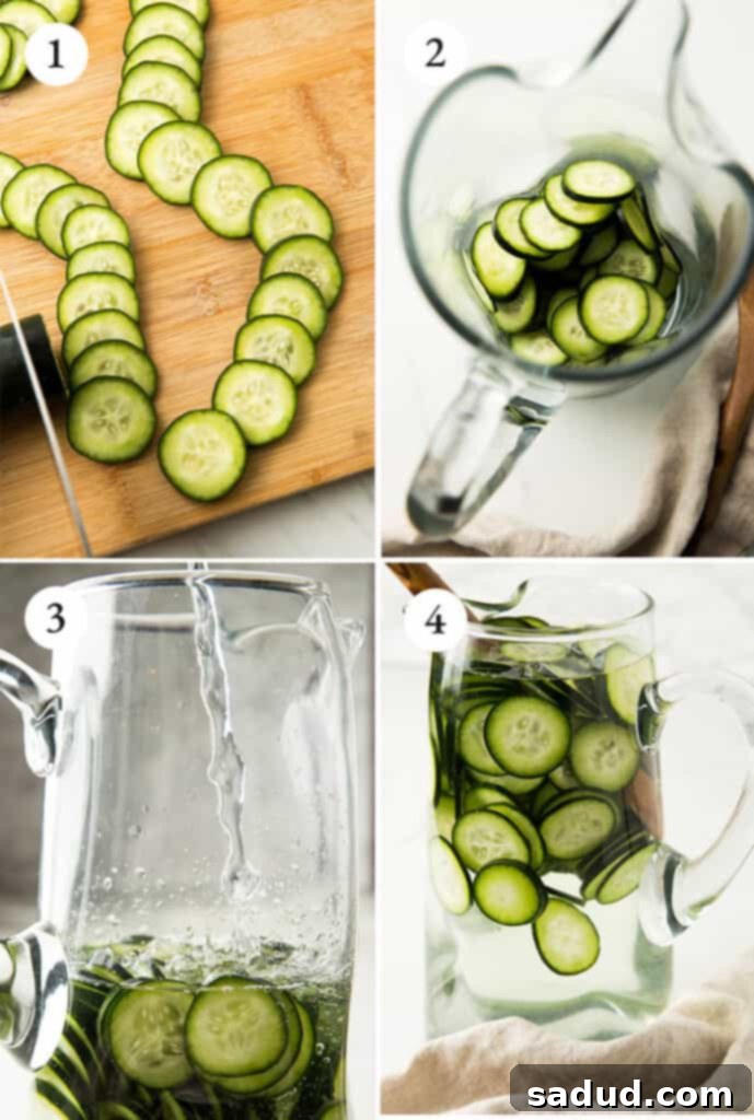 Beat the Heat: Homemade Cucumber Water 3 Step-by-step tutorial showing thinly sliced cucumbers being placed into a glass pitcher, followed by pouring filtered water over them.