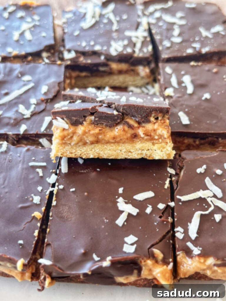 Delicious Vegan Samoa Cookie Bars layered with coconut caramel and chocolate.