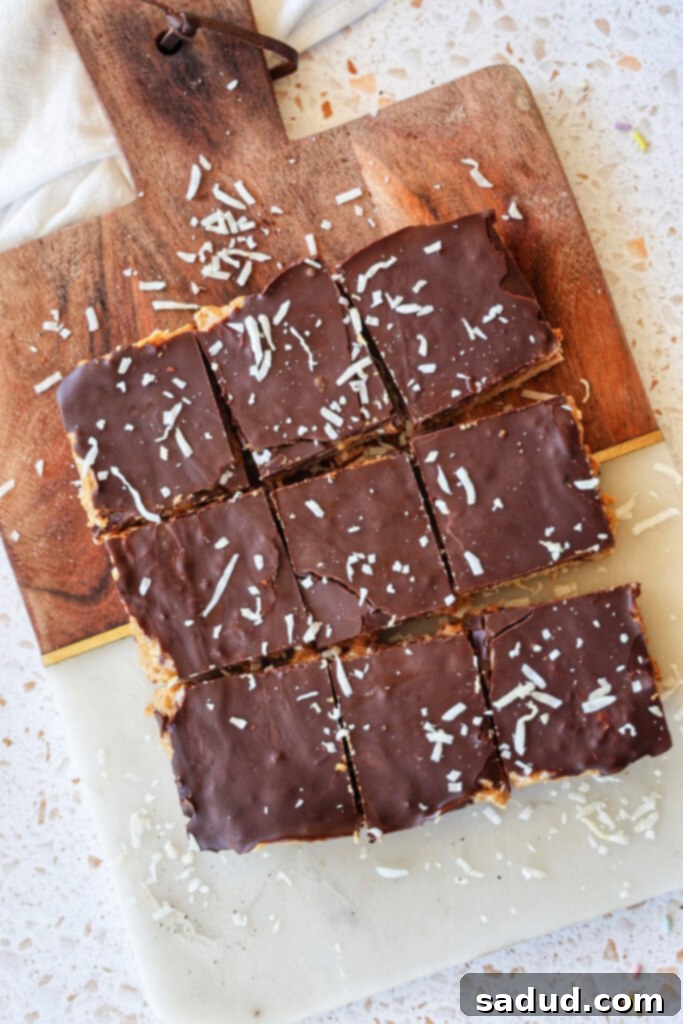 Close-up of the layers in a Vegan Samoa Cookie Bar.