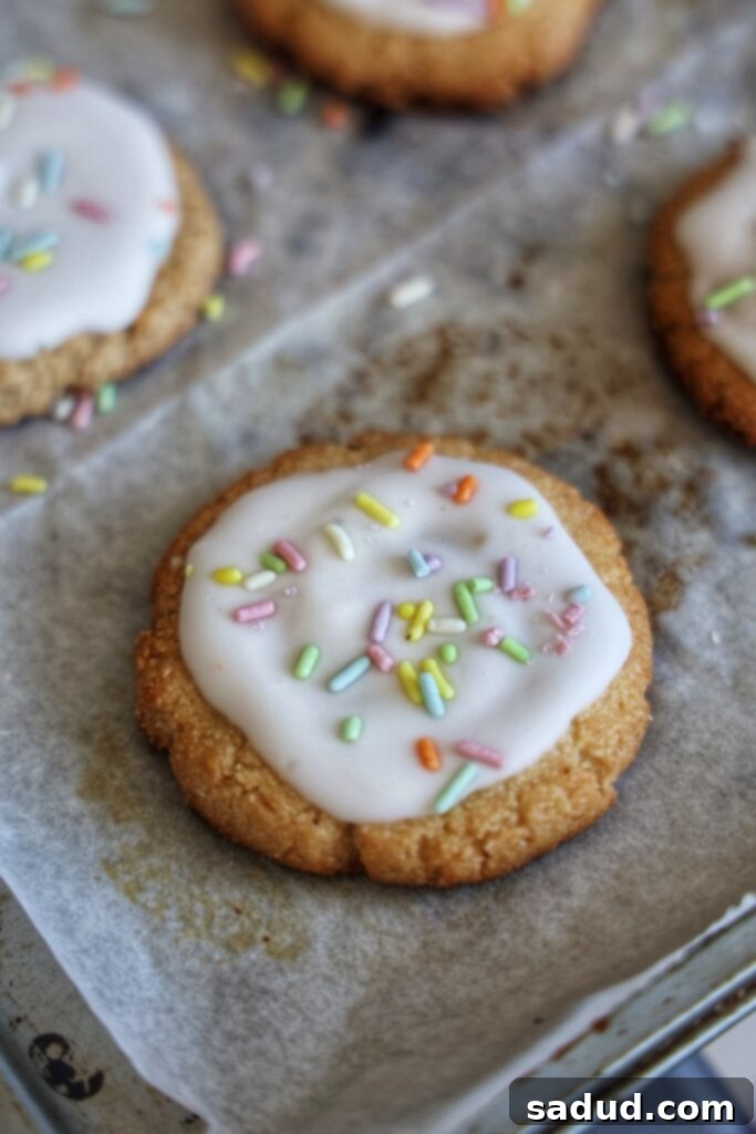 Vibrant vegan funfetti sugar cookies adorned with colorful sprinkles on a platter.