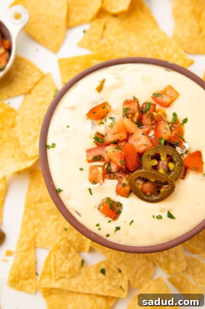 Effortless Slow Cooker Queso 5 A vibrant bowl of golden Crockpot queso dip, ready to be enjoyed, highlighting its rich and smooth texture.