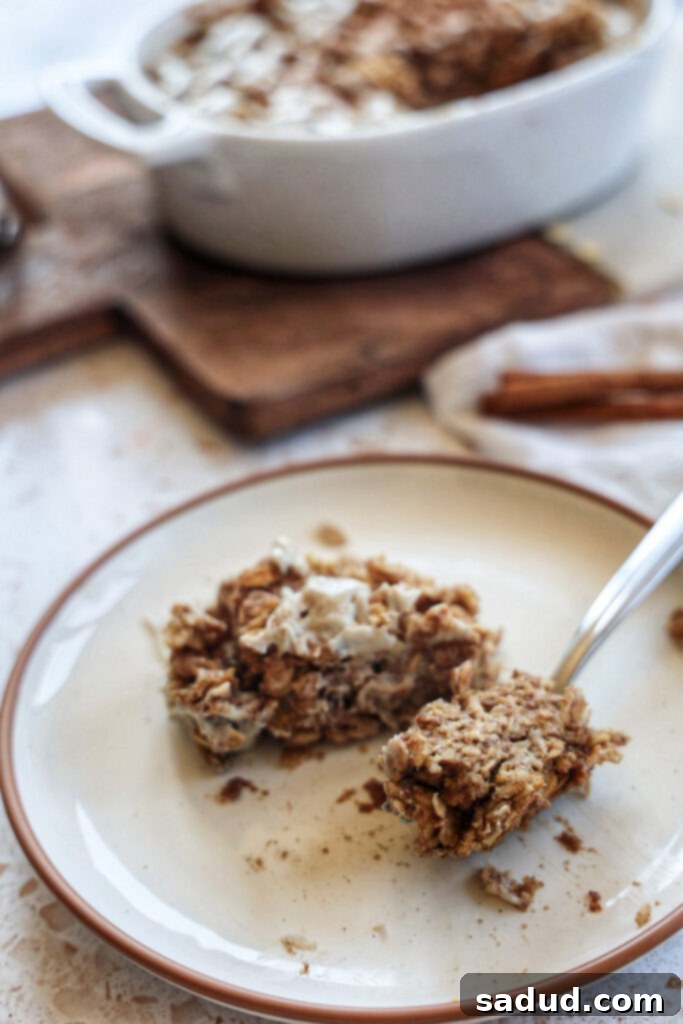 Healthy cinnamon roll baked oatmeal