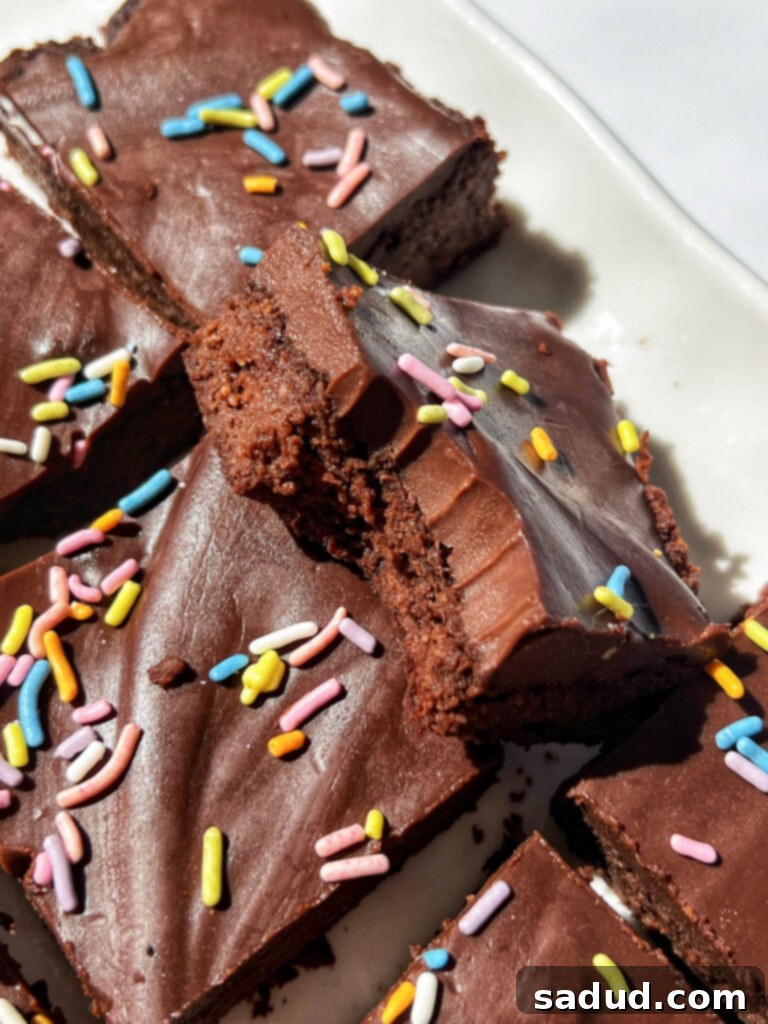 Healthy, fudgy, vegan cosmic brownies with colorful sprinkles and a rich chocolate ganache