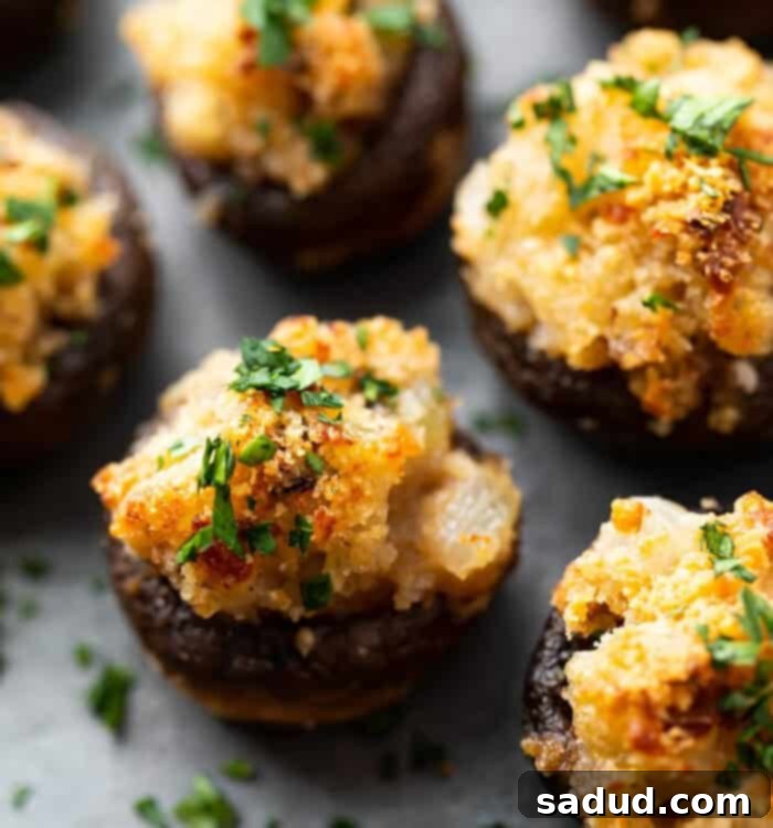 Beautifully baked vegetarian stuffed mushrooms, golden and ready to serve.