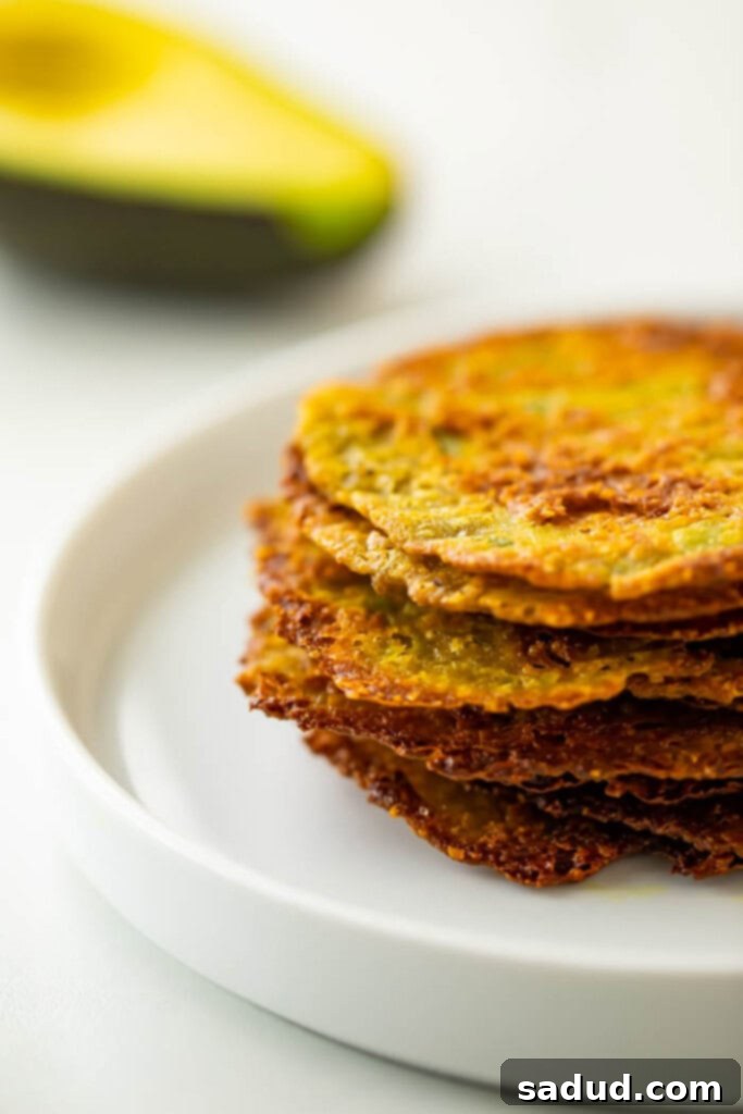 A vibrant plate of stacked, golden-brown avocado chips, perfectly crispy and ready to eat. Ideal for healthy snacking.