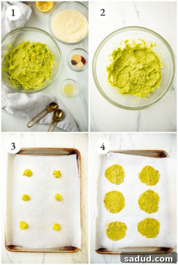 Step-by-step visual instructions for making avocado chips, showing mashed avocado, forming chips, and baking process.