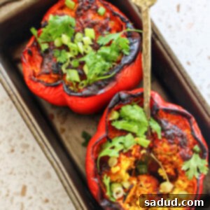 Close-up of a single quinoa stuffed pepper, showing the delicious filling and creamy peanut sauce.