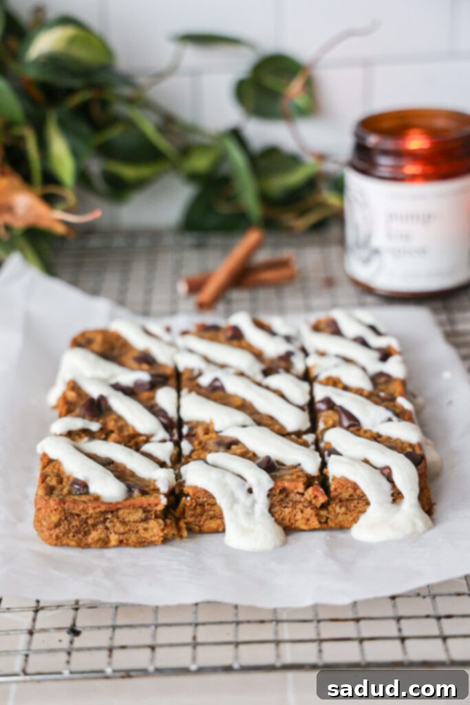 Cozy Pumpkin Baked Oatmeal 3 Pumpkin baked oatmeal with a sweet glaze, ready to be served.