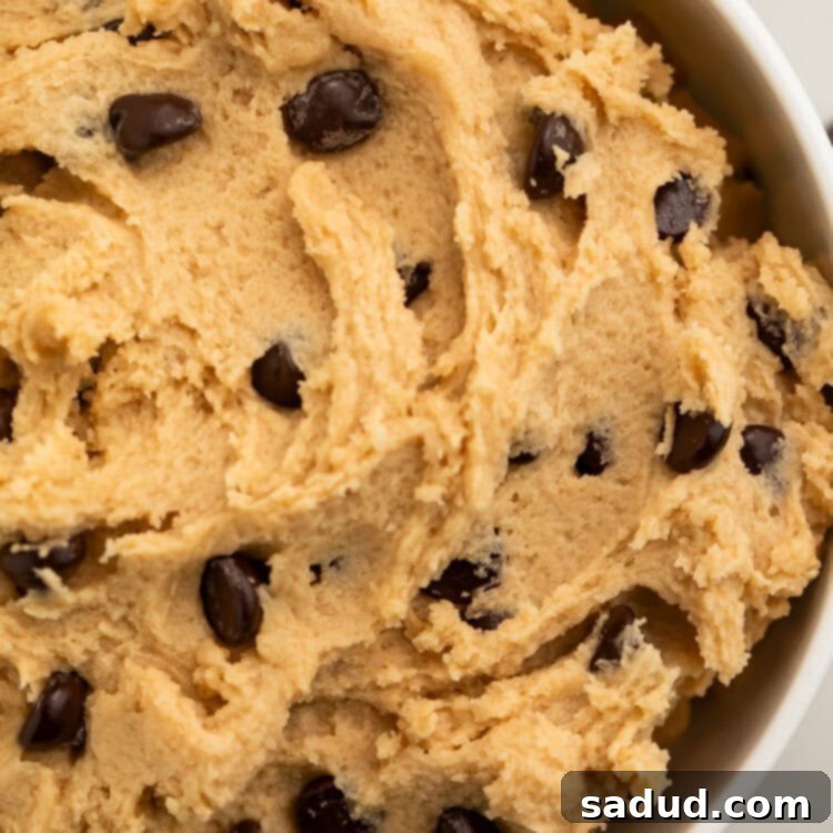 Close-up of a large bowl of vegan chocolate chip cookie dough, ready to be enjoyed.