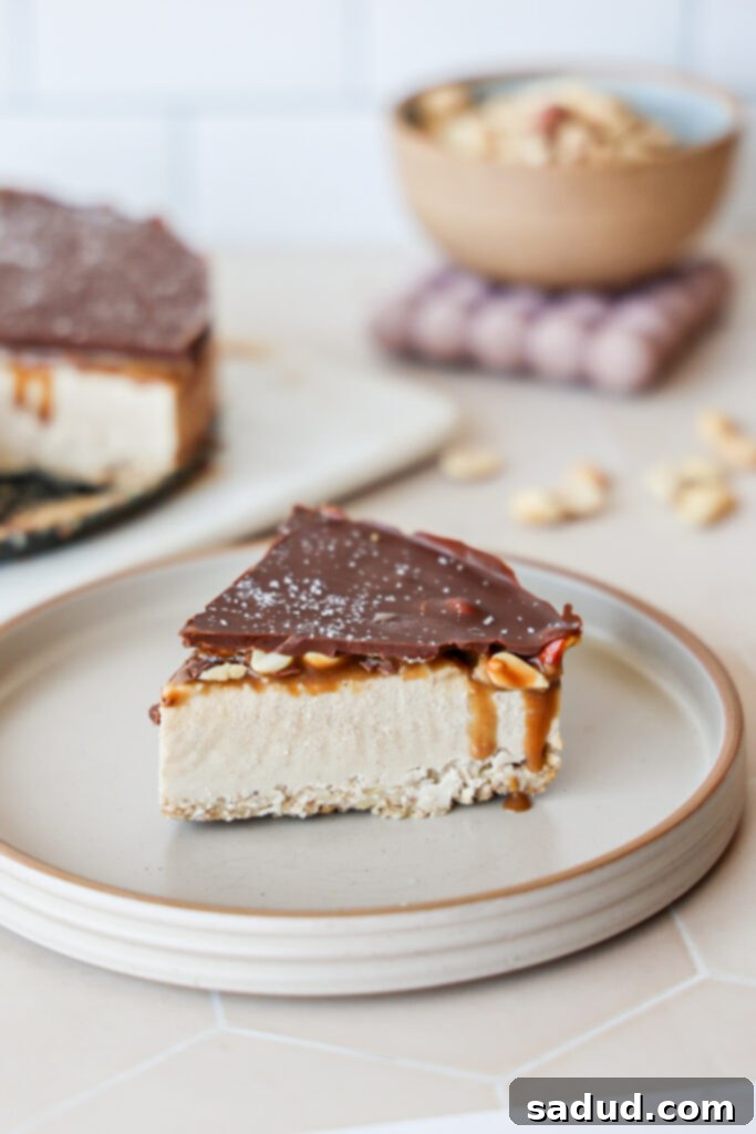 A beautifully layered vegan Snickers cheesecake, showcasing its various textures and delicious components.