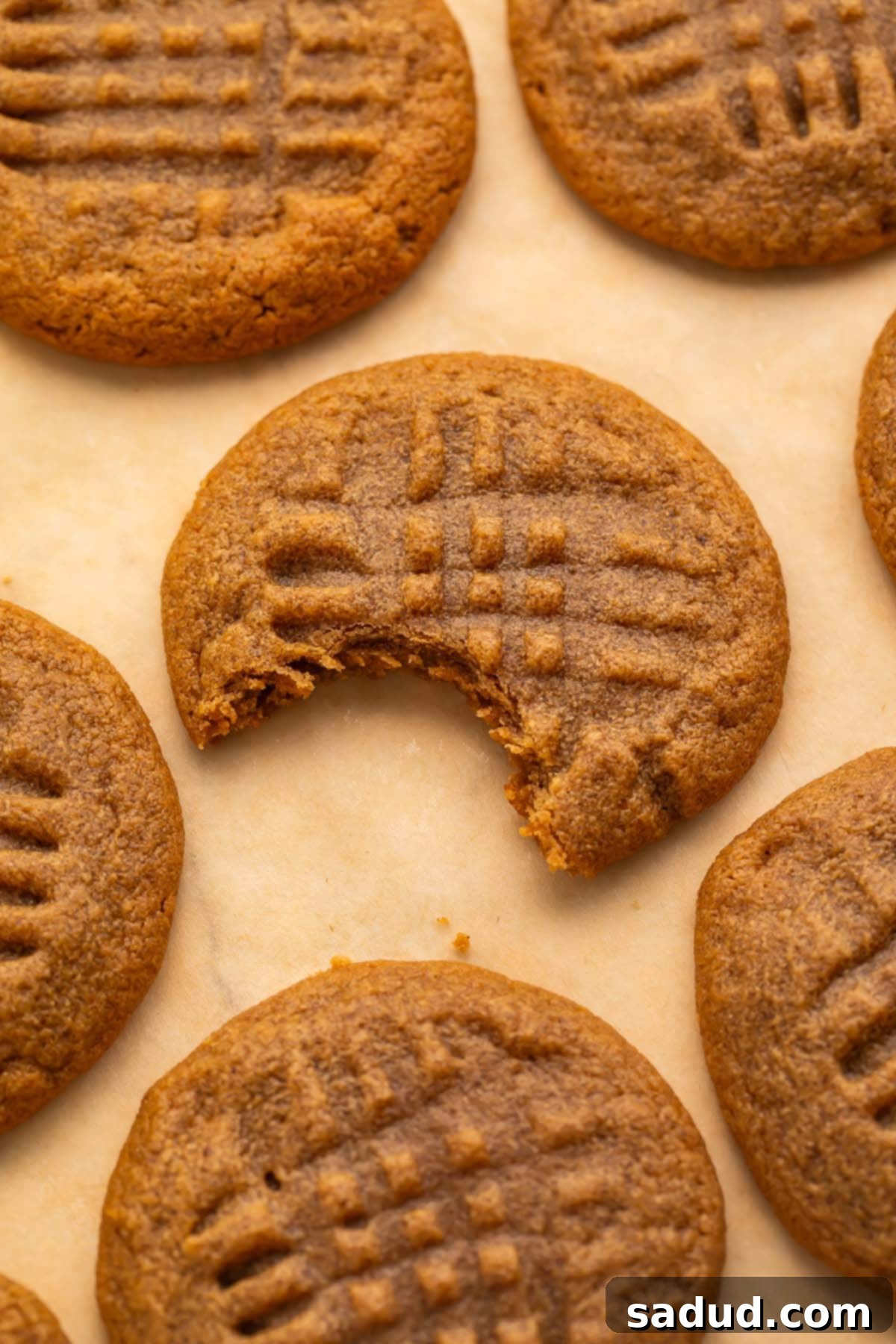 Easy 3-Ingredient Peanut Butter Cookies 2 3-ingredient peanut butter cookies arranged on a sheet of parchment paper, with a bite taken out of the centermost cookie.