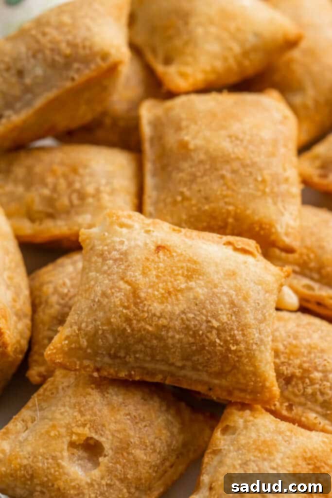 Close up of crispy, air-fried pizza rolls with melted cheese