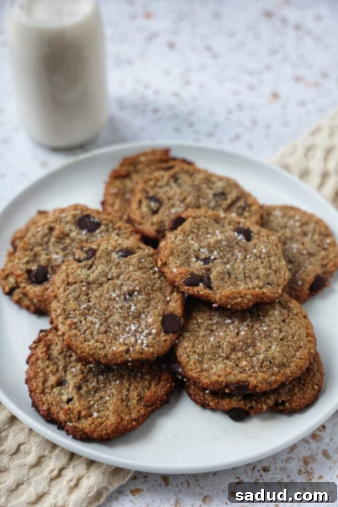 A plate of perfectly golden-brown, chewy vegan chocolate chip cookies, garnished with sea salt, and some chocolate chips visible on top, hinting at their rich flavor.