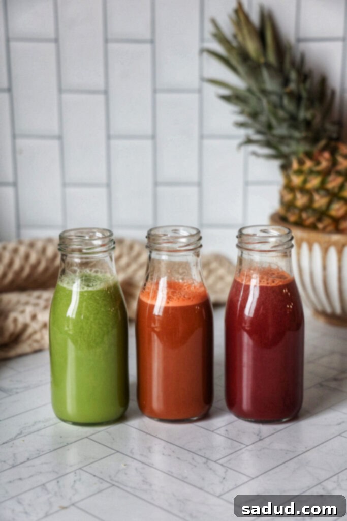 3 juices in bottles (a green juice, beet juice, and orange juice).