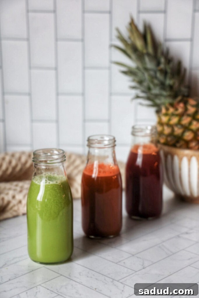 3 nourishing juice recipes, a green juice, beet juice, and orange juice, in glasses. 