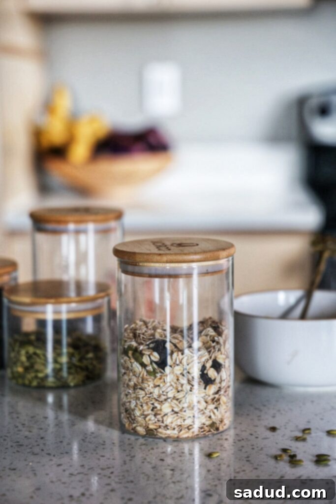Homemade instant oatmeal mix stored in a glass jar, ready for a quick breakfast.