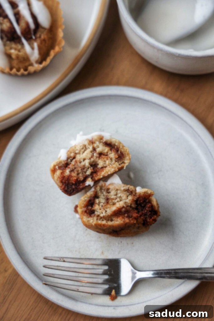 A healthy banana cinnamon roll cut in half.