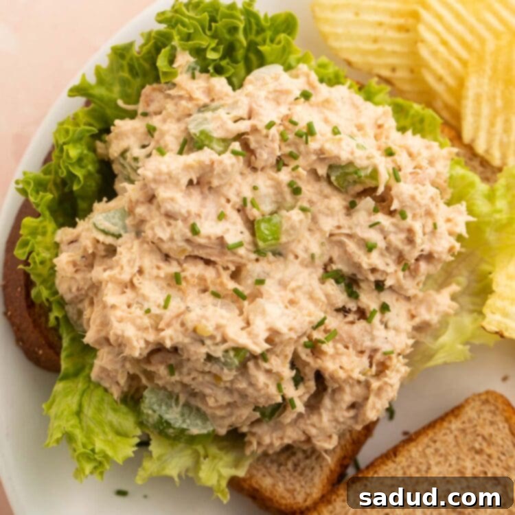 Easy tuna salad on a piece of toast with lettuce.