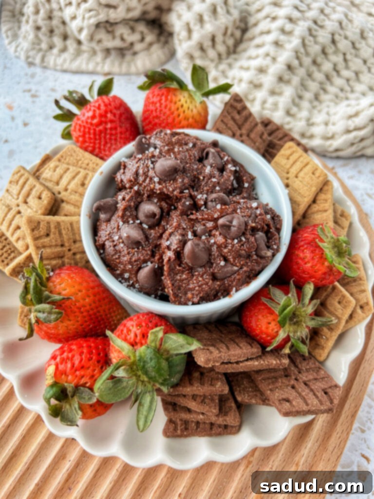 Plant-Powered Brownie Batter Dip 3 A big plate with cookies, fruit, and graham crackers with a bowl of brownie batter dip.