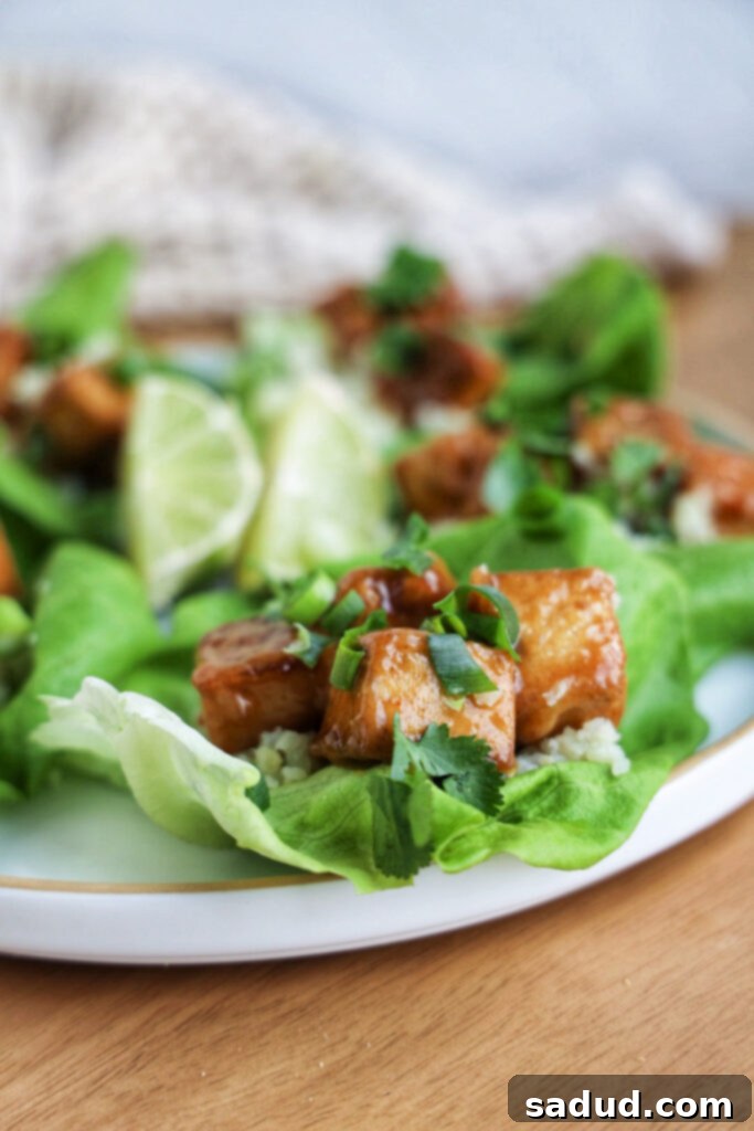 Healthy Orange Glazed Vegan Tofu 2 A plate of healthy vegan sticky orange tofu lettuce cups, garnished with fresh herbs and sesame seeds.