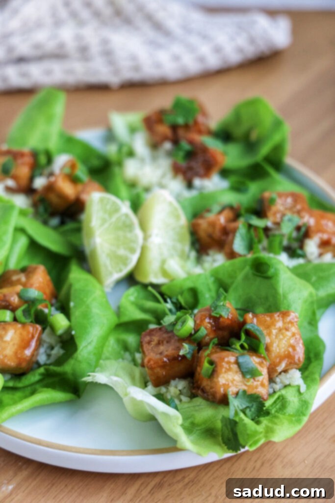 Healthy Orange Glazed Vegan Tofu 4 Healthy sticky orange tofu served in lettuce cups with various garnishes.