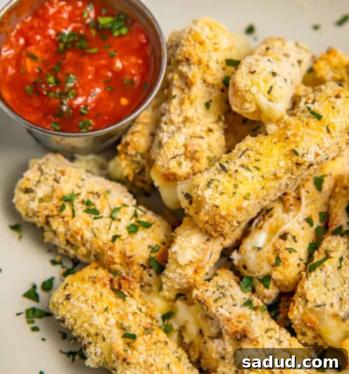 Air fryer mozzarella sticks piled next to a bowl of marinara sauce, garnished with fresh parsley.