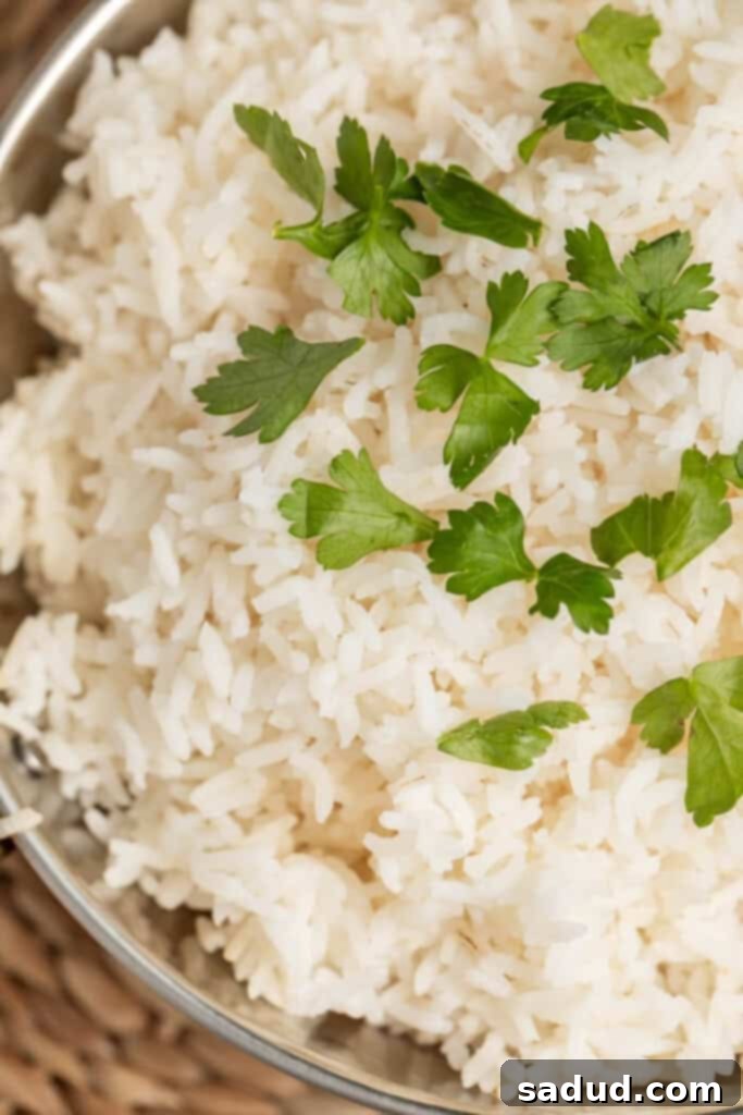 Serving of fluffy Instant Pot basmati rice in a white bowl
