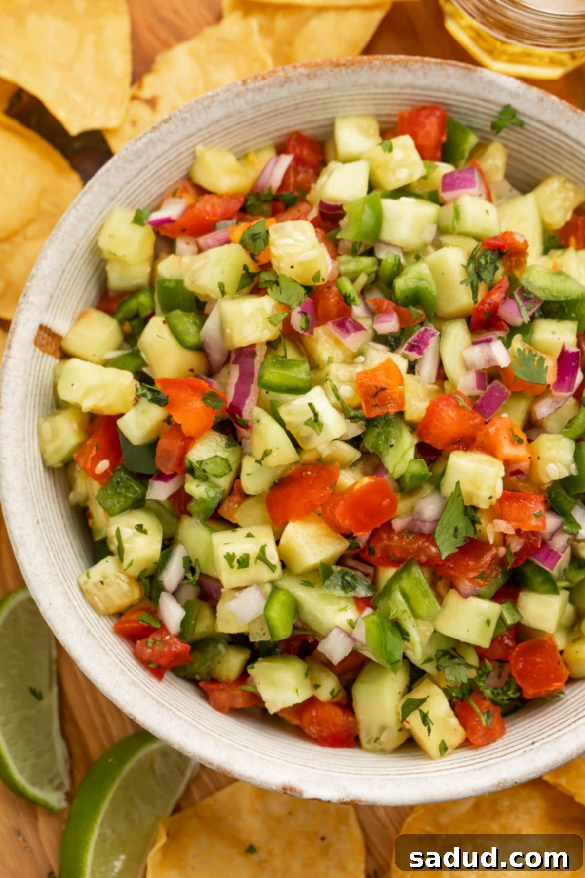 Refreshing Cucumber Salsa 3 Close-up overhead shot of a large bowl of fresh cucumber salsa with chopped tomato and red onion.