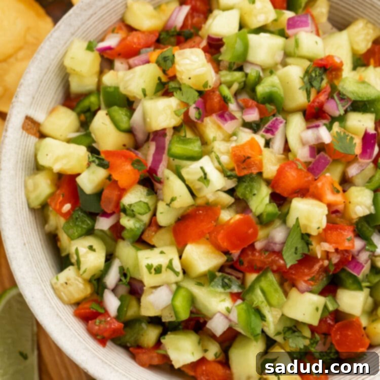 Refreshing Cucumber Salsa 4 Close-up overhead shot of vibrant cucumber salsa with tomato and onion in a large serving bowl.