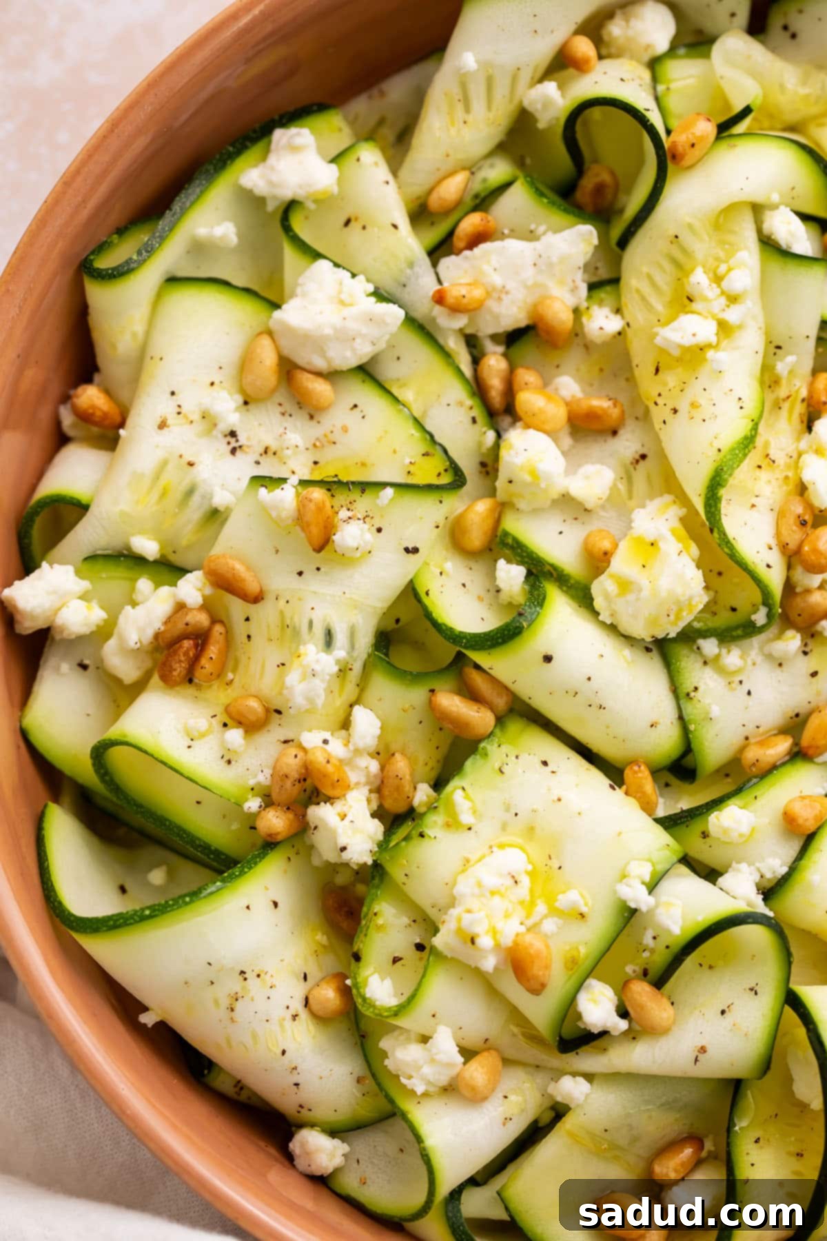 Close-up of zucchini salad in a terra cotta bowl. The salad has strips of zucchini, toasted pine nuts, and crumbled cheese.