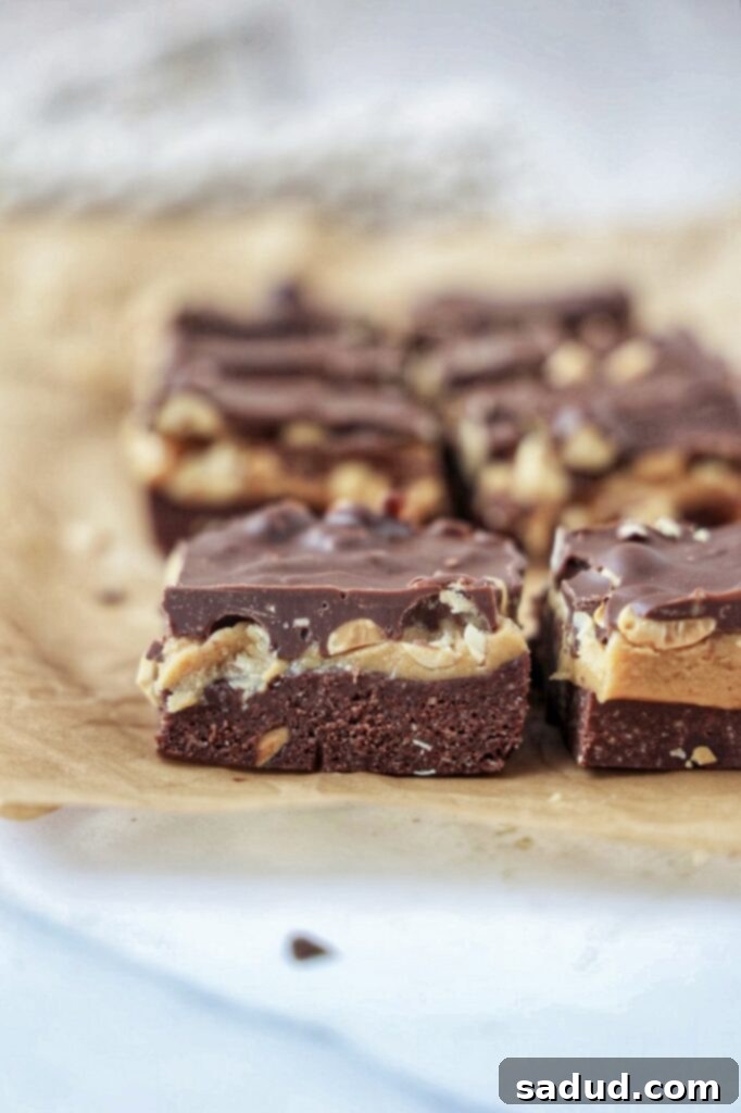 No-Bake Vegan Snickers Protein Brownies 3 A perfectly sliced Snickers protein brownie, showing off its layered texture.