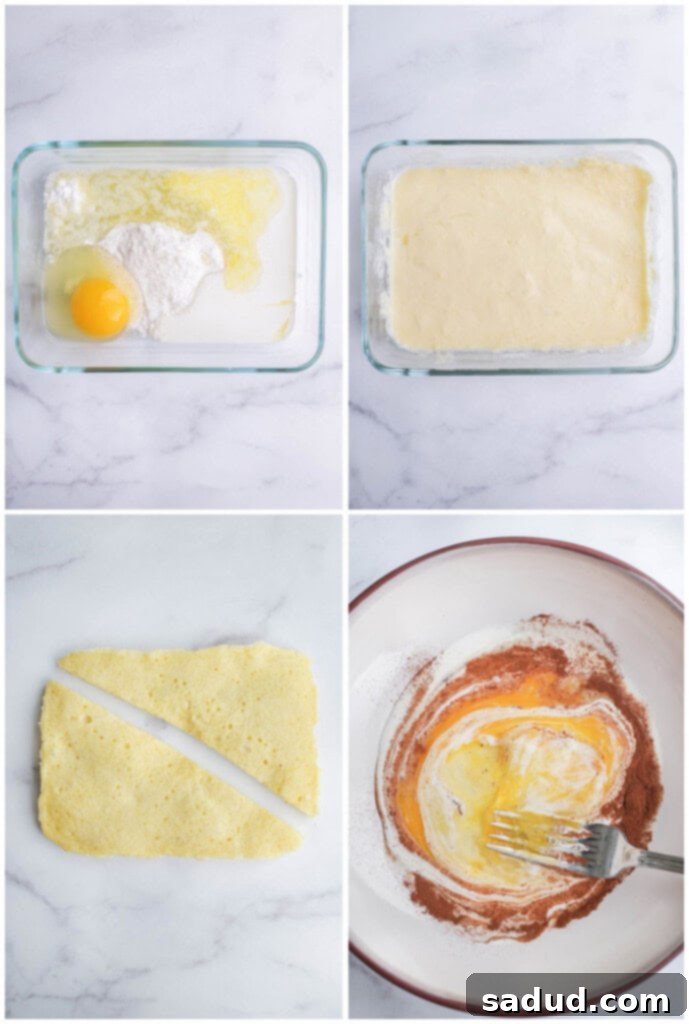 Step-by-step instructions for preparing keto French toast ingredients and bread base in a baking dish