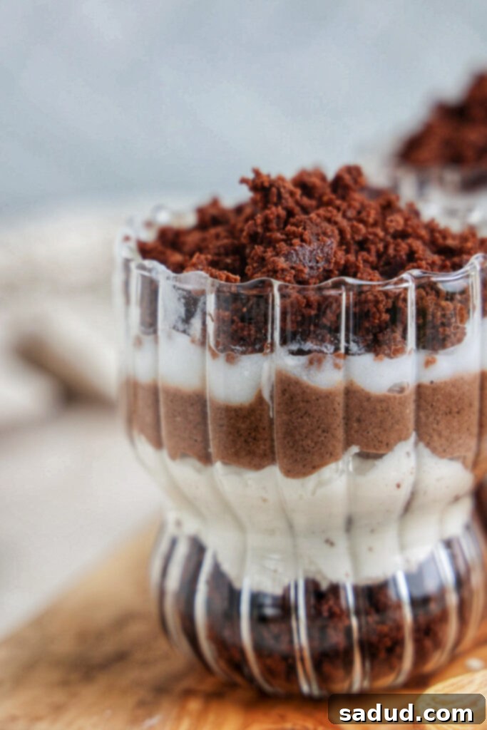 Guilt-Free Vegan Gluten-Free Brownie Trifle 3 A single-serve cup of healthier brownie trifle, showing distinct layers.