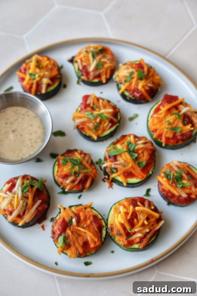 A close-up shot of two zucchini pizza bites on a plate, showcasing the rich melted cheese and oregano, with a blurred background.