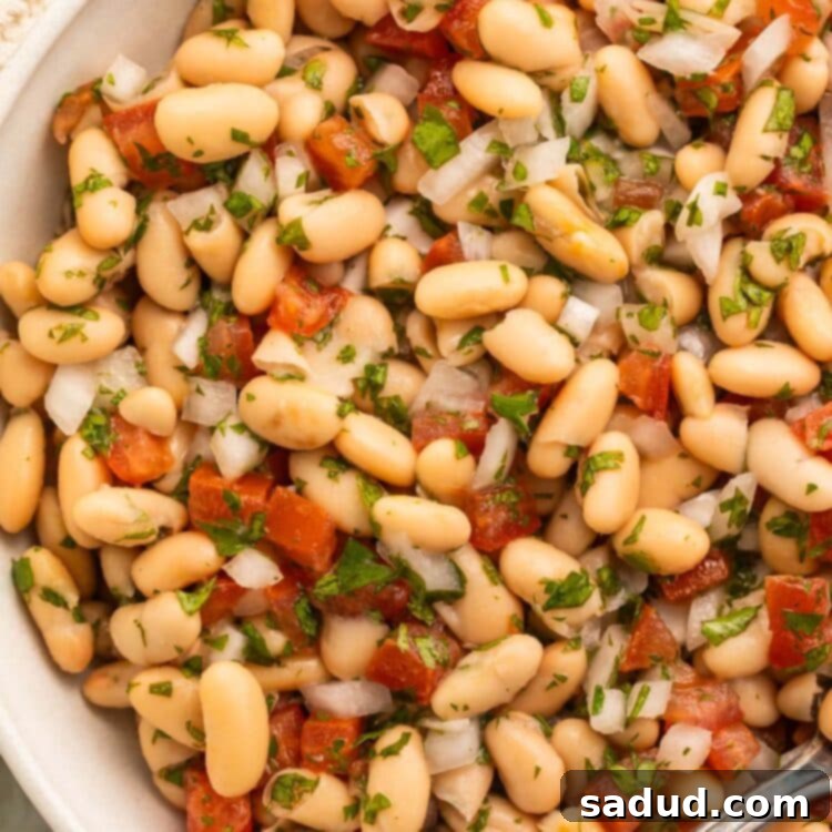 Close-up of a large white bowl of white bean salad with onions, tomatoes, parsley, and a light vinaigrette, showcasing its fresh ingredients.